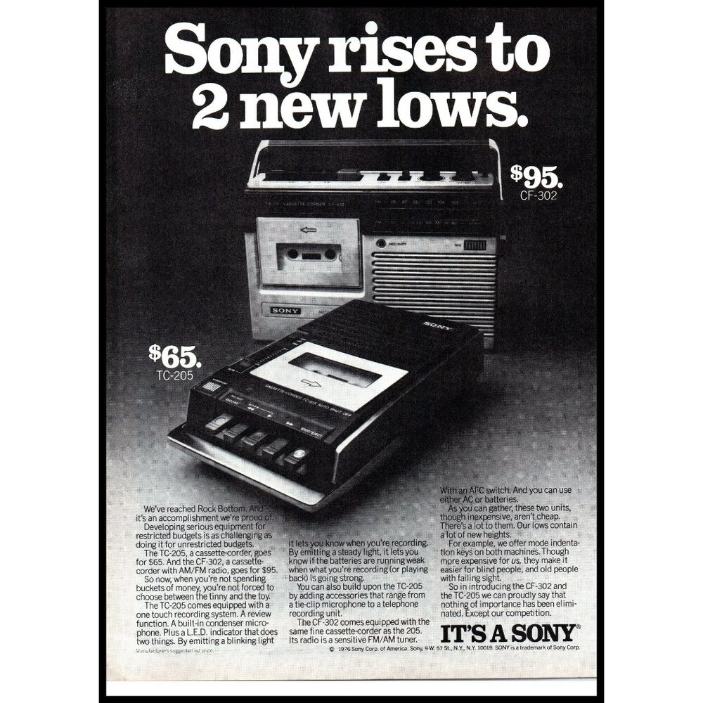 1977 Sony CF-302 TC-205 Cassette Tape Recorders Vintage Print Ad 70s Wall Art